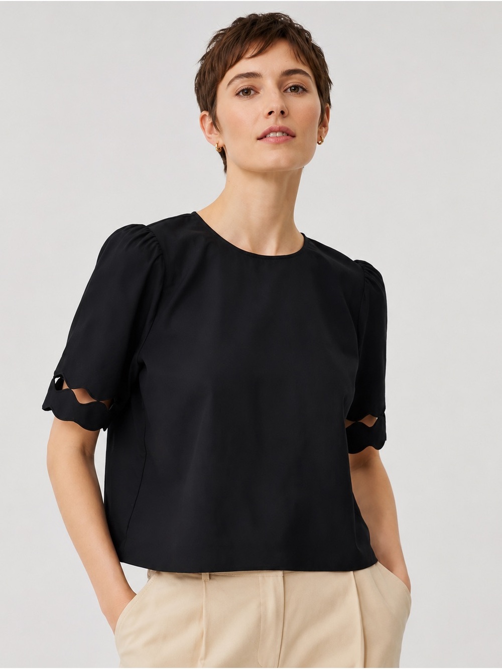 Ann Taylor Black Linen Blend Scallop Sleeve Blouse Size Small